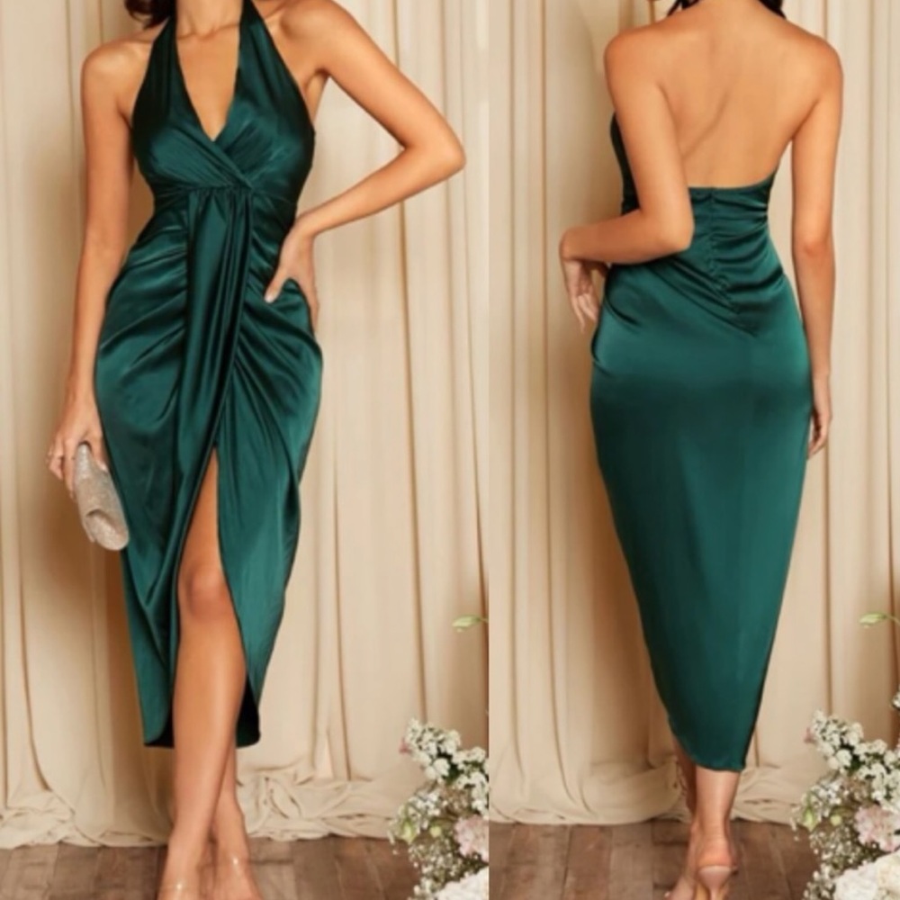 Luxe draped open back halter formal party evening prom dress